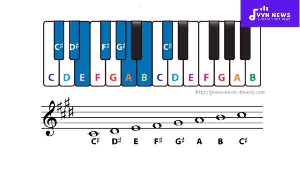 Demonstrate the C Sharp Minor Scale on piano and guitar